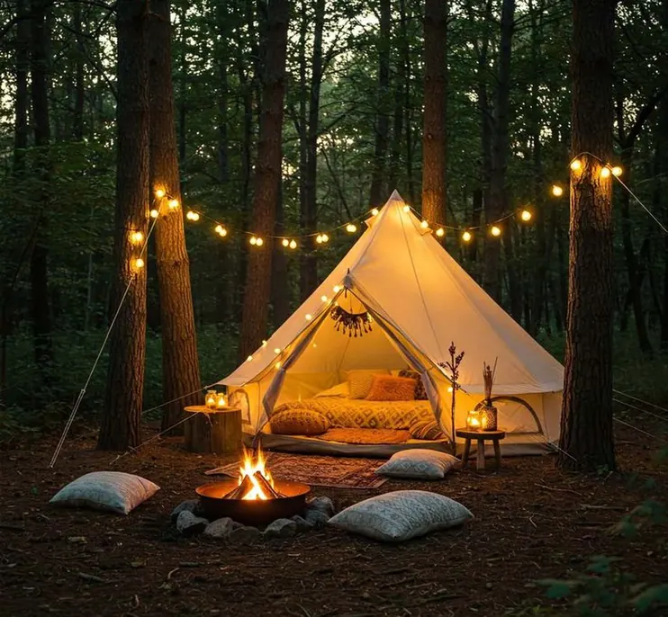 Lit glamping tent among the trees