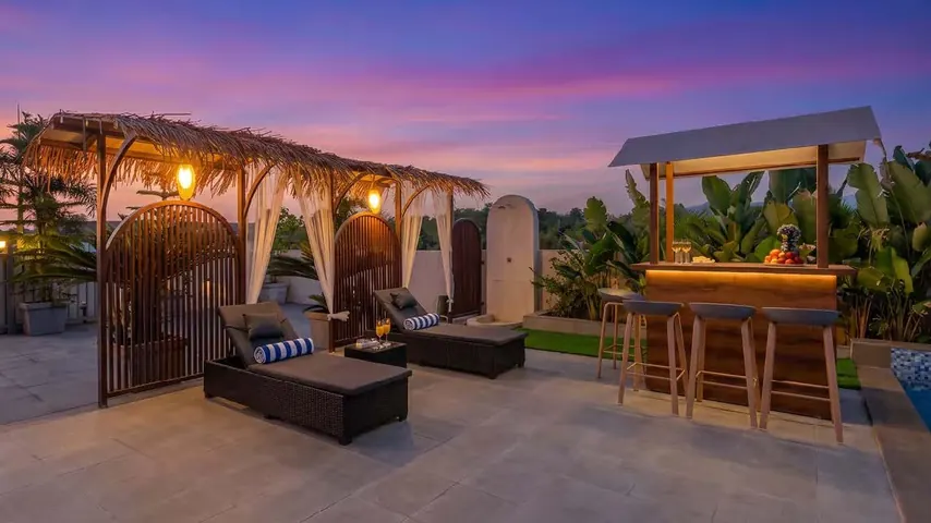 Cabana deck and bar at sunset