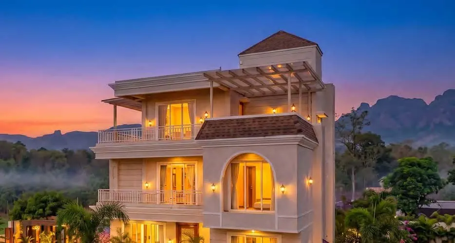Villa exterior at twilight